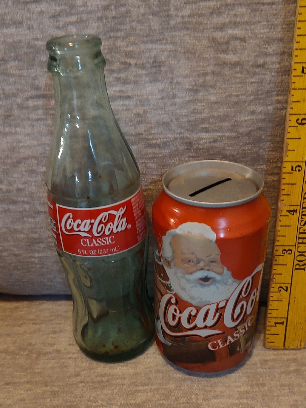 Coca-Cola Classic 1996 OlympicGreen Glass Bottle with Red Holiday 1999 Bank Can.